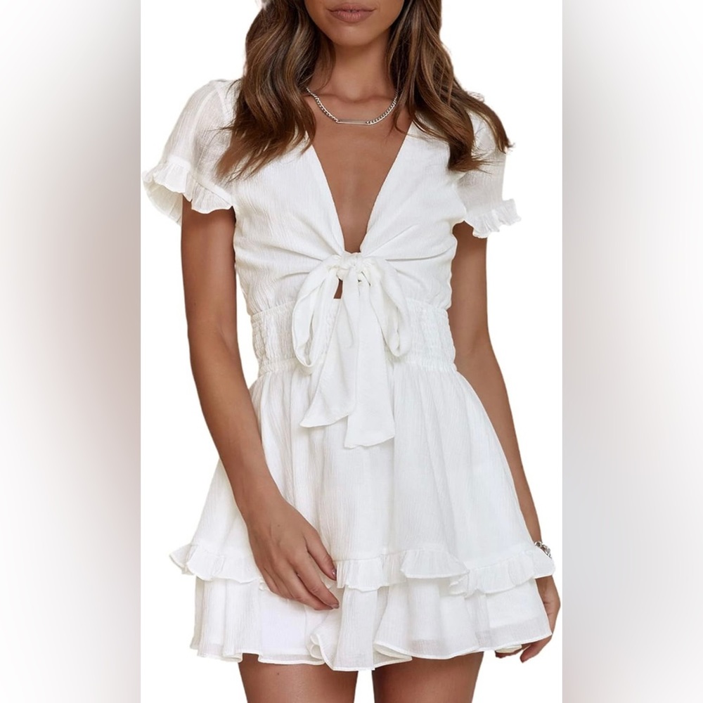 Womens Knot Front White Ruffle Dress Size Small